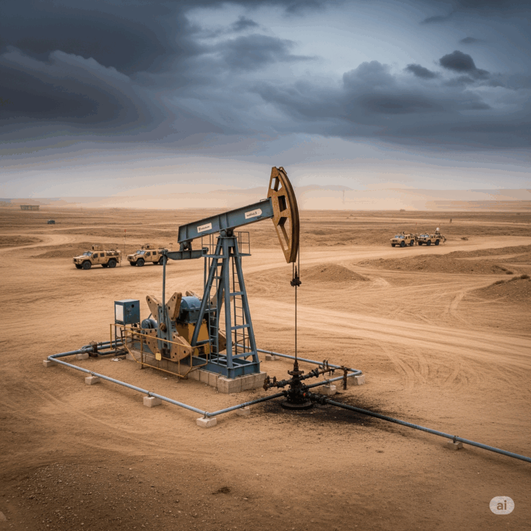 an oil pumpjack operating under tense geopolitical conditions in the Middle East