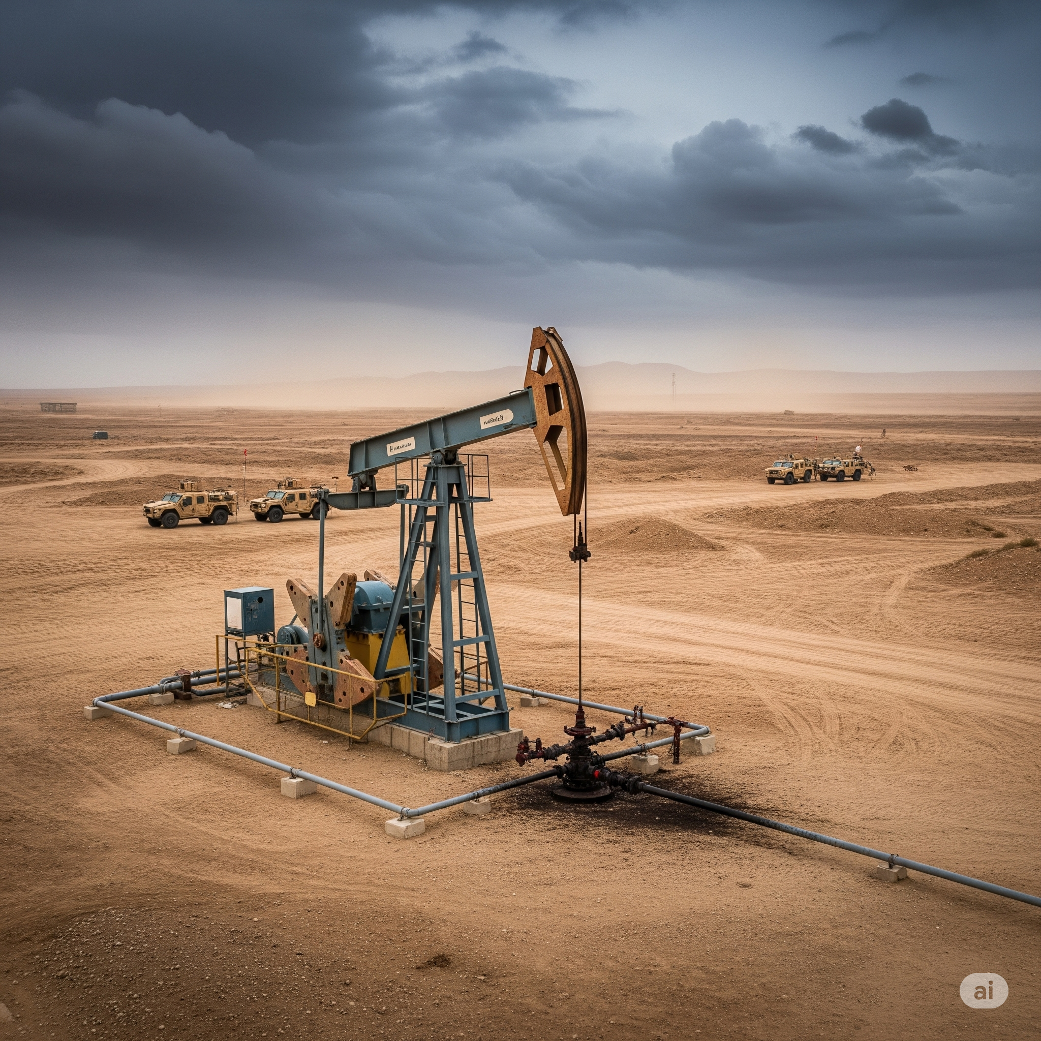 an oil pumpjack operating under tense geopolitical conditions in the Middle East