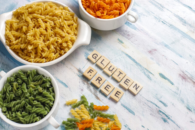 Multi-colored gluten free vegetable fusilli pasta.