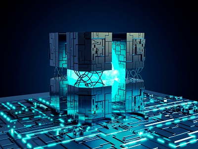 Motherboard futuristic neon lights technology background. AI Central Computer Processors CPU and GPU Concept. Quantum chip