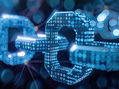 Abstract blockchain network with interconnected nodes and digital blocks symbolizing secure data exchange