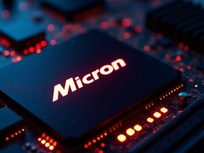 Micron logo displayed on a computer motherboard representing AI-driven growth.