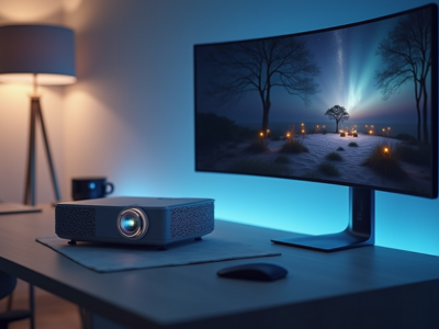 Samsung Freestyle+ projector displayed on a modern desk, highlighting its compact design and AI-powered features.